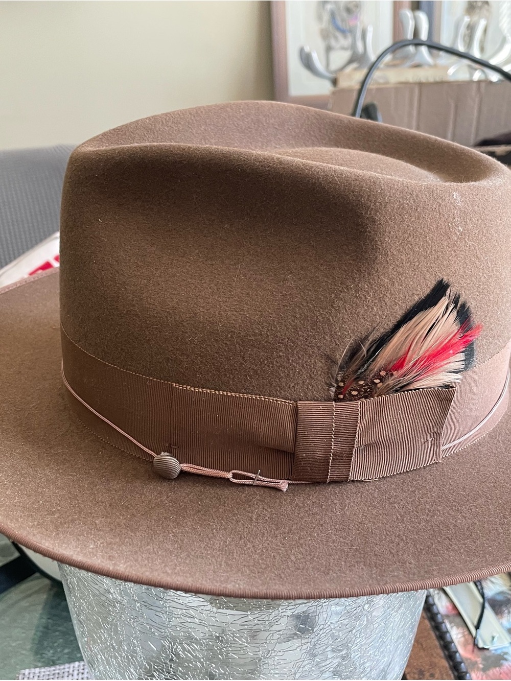 Brown Men's Broadway Crafted by Caligo Premium Felt Fedora Hat with Feather Trim